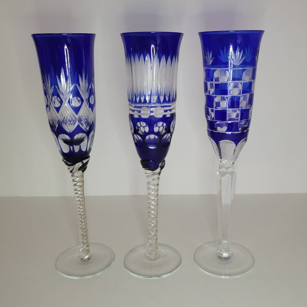 Vintage Bohemian Czech Cobalt Blue Cut Clear Wine Stem Champagne Flute Glass